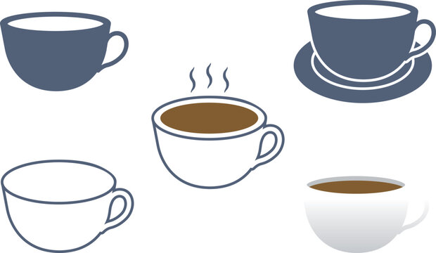色んなデザインの奥行きがあるコーヒーカップの素材セット