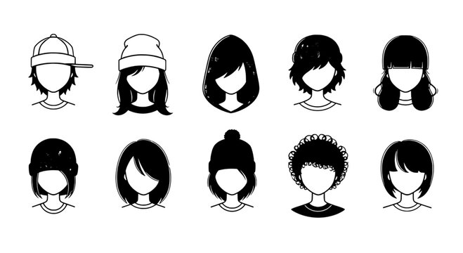 Person avatar head icons with different hairstyles and hats, monochrome vector character faces for profiles and identity