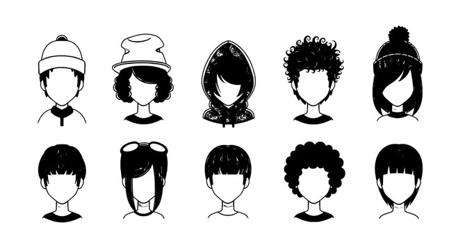 Heads hair portrait icons set with different hairstyles, black line art silhouettes for character design and avatar use