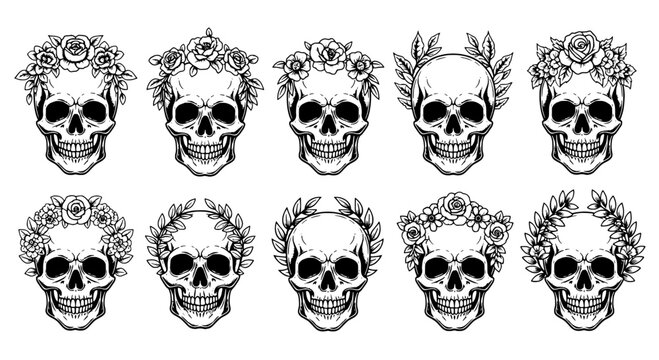 Skull tattoo flash set with roses and laurel wreaths, decorative line art, blank label banners for custom designs