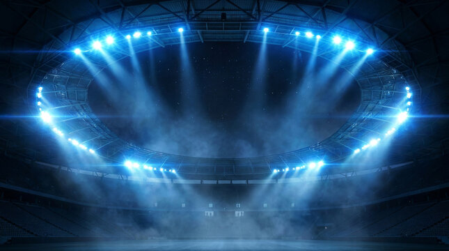 Futuristic sports stadium with bright blue floodlights, empty arena interior with dramatic smoke and lens flare, cinematic night stadium background
