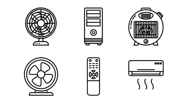 Appliances cooling set with fans, air conditioner, and remote control featuring fan, electronic, home with household and devices elements for