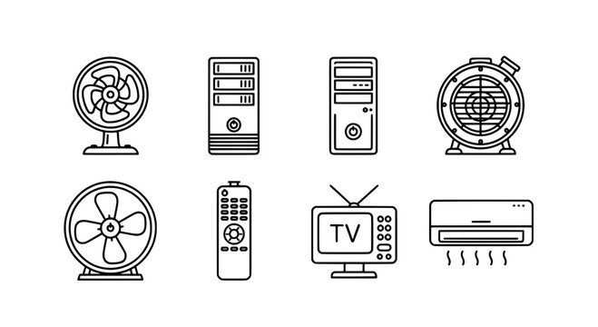 Monitor computer setup with flat line icons, TV screen, window controls, alarm clock and globe stand symbols