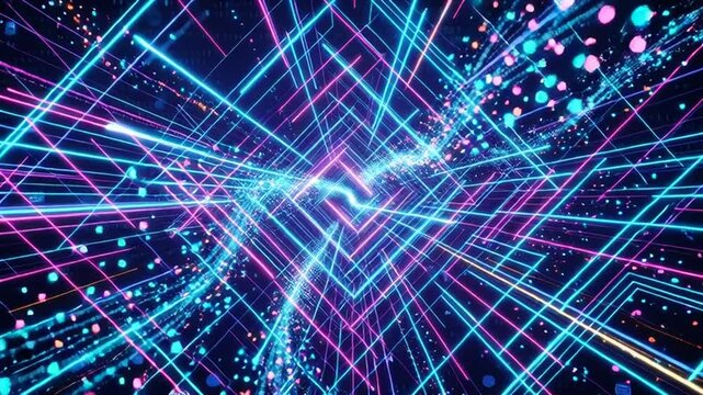 Vibrant abstract digital landscape with intersecting lines and glowing particles in a futuristic setting