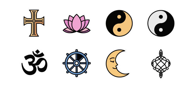 Religious and spiritual symbols on black background for design