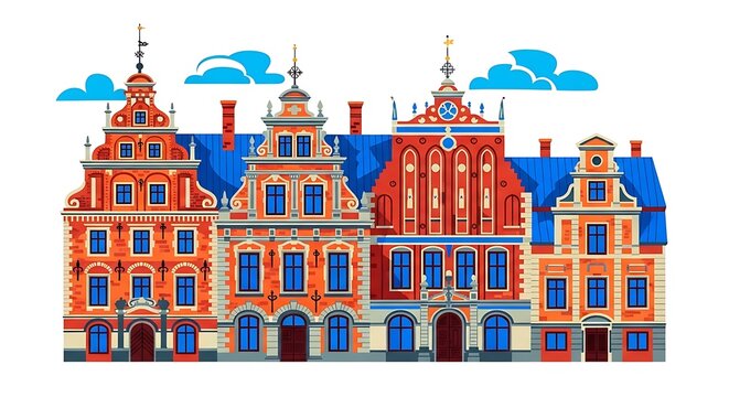 Pixel art style shows row of European-style townhouses with red walls and blue roofs
