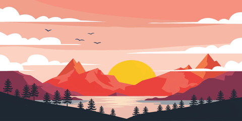 Vector illustration of a mountain landscape at sunset with nature, sky, sun, clouds, hills, river and sea in abstract travel scenery © mahabubmorshed