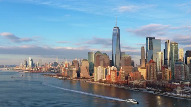 One World Trade Center in urban skyline of American city. Freedom Tower in business district skyline of Lower Manhattan. World Trade Center skyline of financial district. Manhattan skyline.