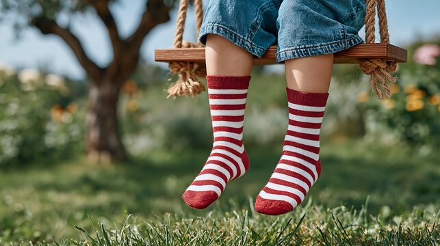 Child sits on swing outdoors. Striped socks in red and white