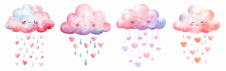 Cartoon clouds in a watercolor style, depicting cute smiling characters raining down hearts and pastel raindrops, representing love, emotion, and sweet baby weather theme © Narin