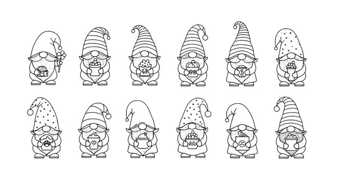Gnome character set of 12 smiling garden dwarfs with hats, beards, hands clasped and gardening accessories line art