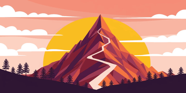 Vector illustration of a sunset over mountains with a warm orange sky, silhouettes of hills trees and a flowing river in a peaceful natural landscape