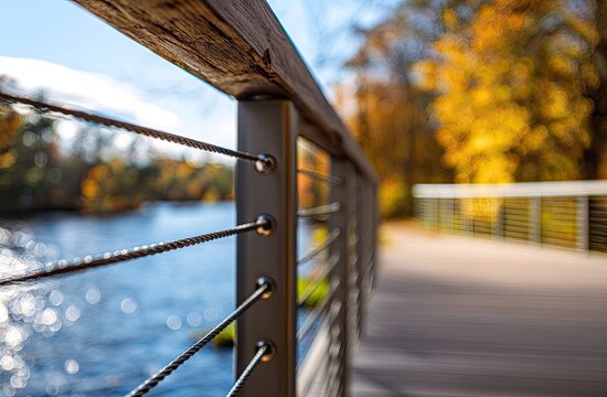 Close up of a modern railing with cables on a bridge walkway in autumn