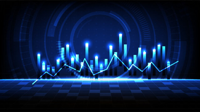 Digital financial chart and stock market bar graph on a futuristic technology background