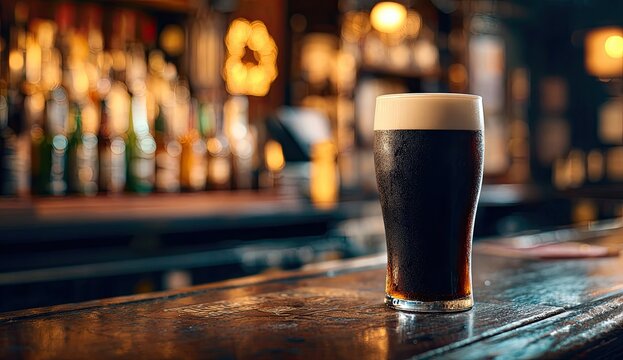 Dark foamy beverage rests on a polished bar, soft lights glow in background
