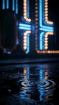 Raindrop ripples with neon reflections