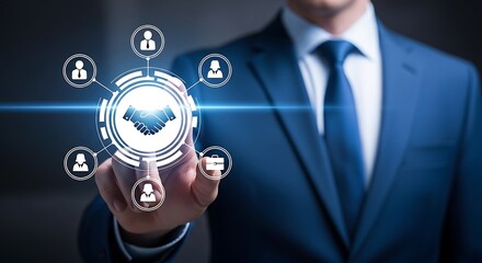 Fototapeta premium Business partnership handshake icon on virtual screen, professional businessman touching digital network interface, corporate collaboration and teamwork concept