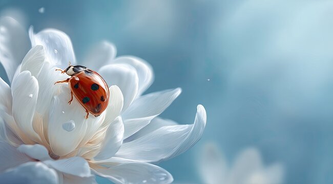 A vibrant red ladybug rests on a delicate white flower with water droplets