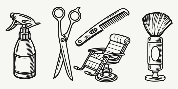 barber tools set in black and white line art high quality professional