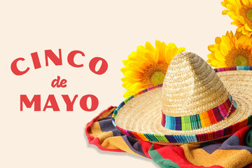 Obraz premium Cinco de Mayo, Sombrero and sunflowers are arranged for the holiday