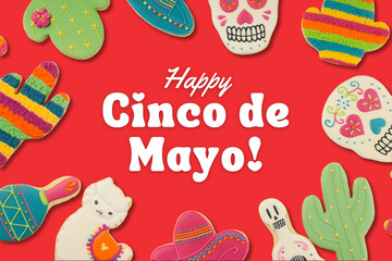 Obraz premium Cinco de Mayo, Festive cactus and skull-shaped colorful cookies