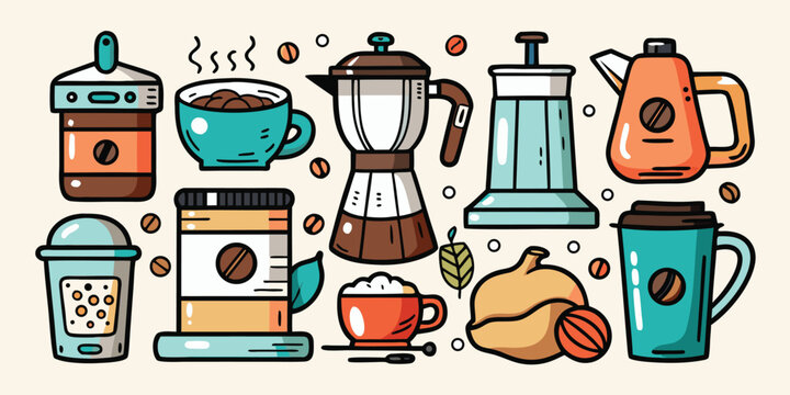 coffee related items illustrated in colorful cartoon style high quality professional detailed