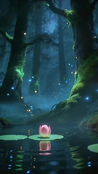 Mystic forest pond with a glowing lotus