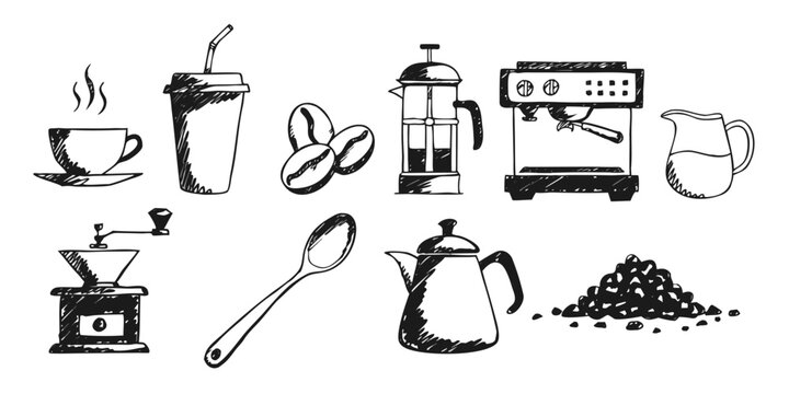 coffee related items in hand drawn sketch style on white background