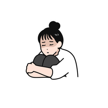 膝を抱えて落ち込んでいるまとめ髪の若い女性のシンプルなベクターイラスト素材