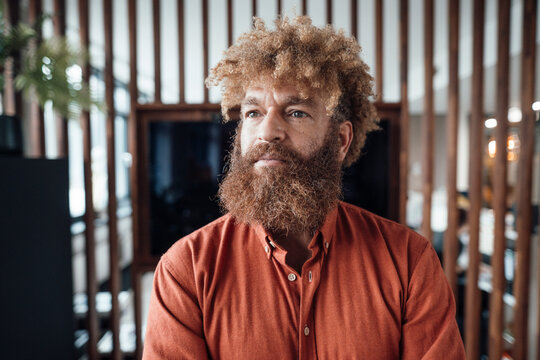 Businessman with beard and Afro hairstyle in office