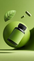 Fototapeta premium Green dietary supplement bottle with leaf and capsules in a vibrant setting.