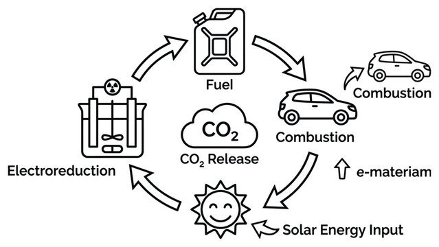 Carbon capture fuel cycle diagram with solar energy input and vehicle combustion illustration.