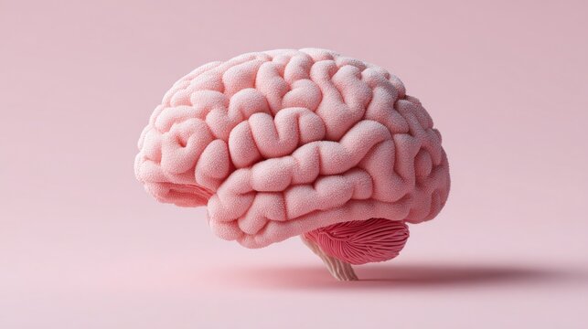Stylized pink brain with intricate folds against a soft pink background.