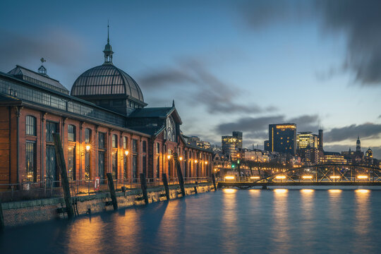 Historic fish market in Hamburg harbor at sunrise