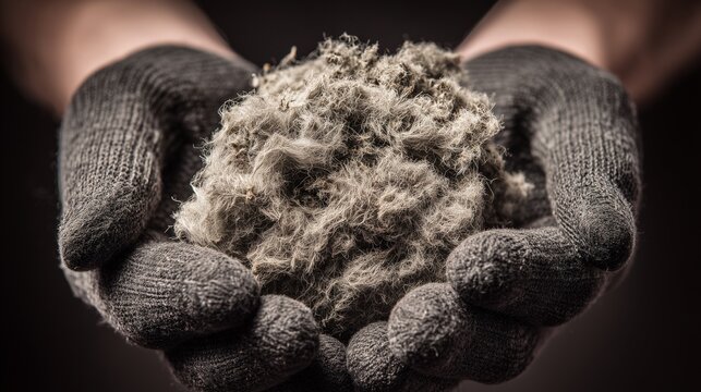 Gloved hand holding collected duct lint symbolizing home maintenance and duct cleaning, indoor air quality and safety.