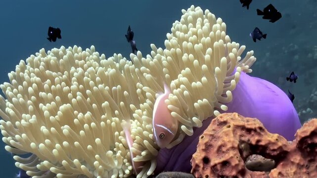 In the pristine depths of the ocean, multiple clownfish dance around their anemone. The fish flit gracefully, a peaceful coexistence in this vibrant underwater ecosystem unfolds during daylight hours.