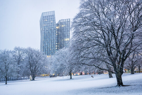 Snowy park at Dancing Towers in Hamburg St. Pauli