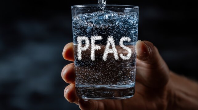 Hand holding a glass of water labeled pfas, representing drinking water contamination and chemical pollution risk.