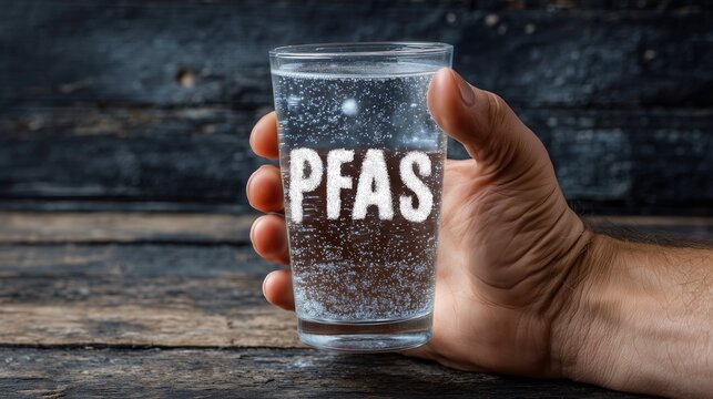 Hand holding glass of water labeled pfas highlighting drinking water contamination and chemical pollution risk.
