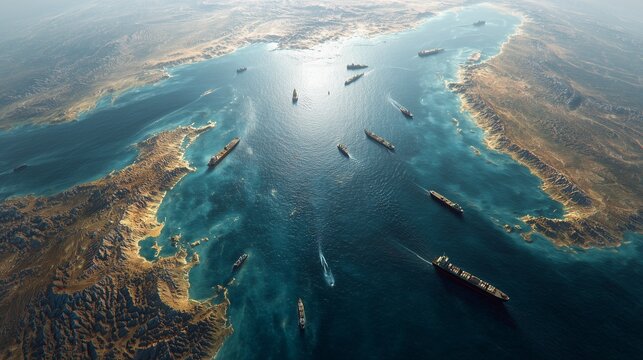Aerial view of multiple tanker and military vessel near narrow strait suggesting strait of hormuz blockage between iran and usa, symbolizing maritime choke point and geopolitical standoff.