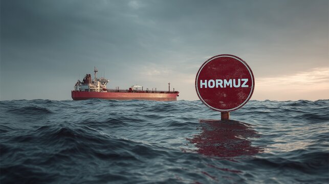 Oil tanker near a buoy labeled hormuz amid rough sea, symbolizing strait of hormuz issue and global crisis with threat to energy supply and maritime security.