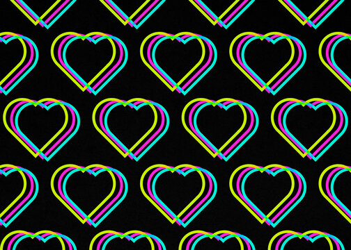 Abstract vintage neon heart pattern on black background