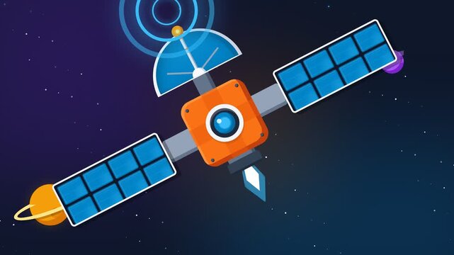 Cartoon Satellite Floating in Outer Space with Solar Panels and Antenna Signal Animation