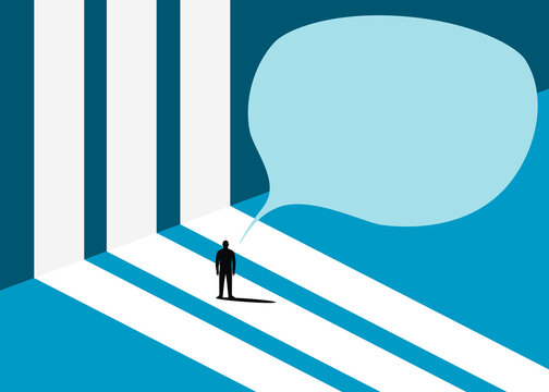 Human silhouette standing on a path with a large speech bubble
