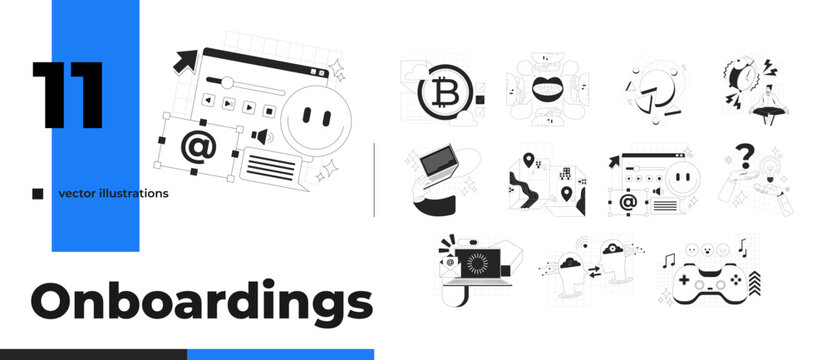 Digital lifestyle and technology neubrutalism outline illustrations bundle. Cryptocurrency productivity. Gaming emailing 2D linear images isolated. Collection black and white vector drawings