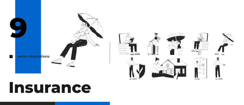 Insurance lifestyle and protection outline illustrations bundle. Family home. Health travel. Diverse insured people and salesmen 2D linear images isolated. Collection black and white vector drawings