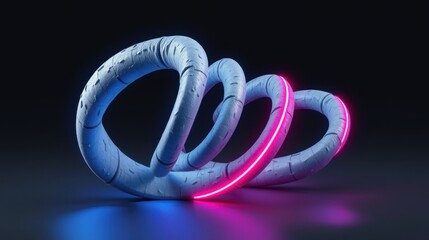 Fototapeta premium Abstract sculpture. Blue textured form with vibrant pink neon light accent. Dark background creates dramatic visual impact.