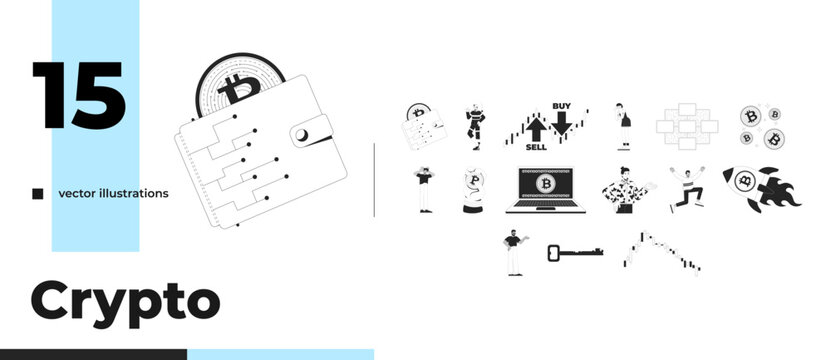 Cryptocurrency trading and blockchain outline illustrations bundle. Crypto market. Fintech investment. Buy sell. Digital currency 2D linear images isolated. Collection black and white vector drawings