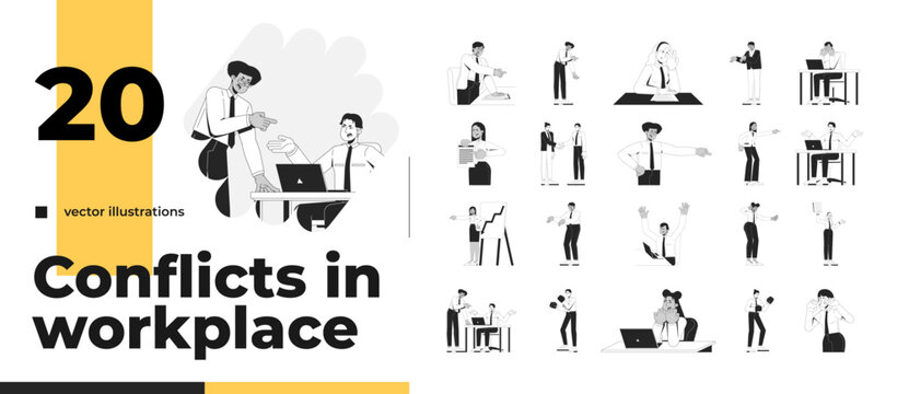 Workplace conflict and office dispute outline illustrations bundle. Diverse employees arguing and expressing problem around desk 2D linear images isolated. Collection black and white vector drawings