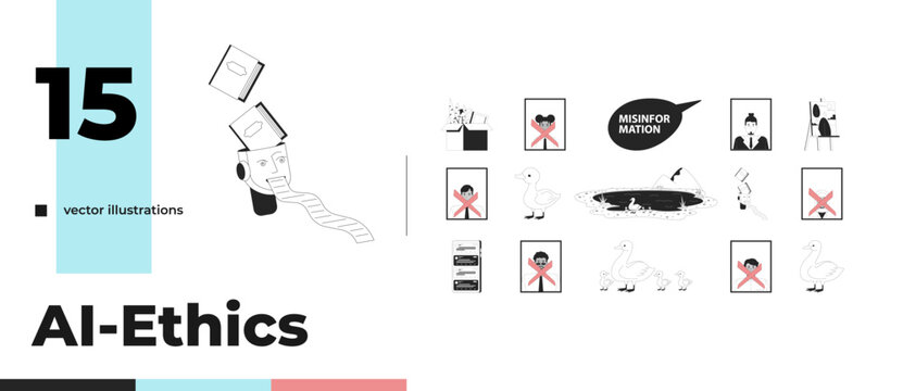 AI bias and ethical concerns outline illustrations bundle. Data processing. Animals in nature. Algorithmic decision making in HR 2D linear images isolated. Collection black and white vector drawings